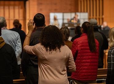 The SPU community worships together in the First Free Methodist Church sanctuary